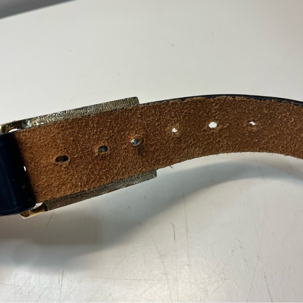 Vintage Navy Genuine English Bridle Leather Belt with Gold Lionhead Pin Buckle - Picture 7 of 11